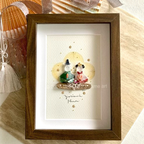 寄り添い雛 シーグラス／天然石／フレームアート／壁掛け／原画