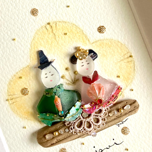 寄り添い雛 シーグラス／天然石／フレームアート／壁掛け／原画