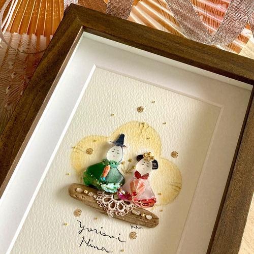 寄り添い雛 シーグラス／天然石／フレームアート／壁掛け／原画