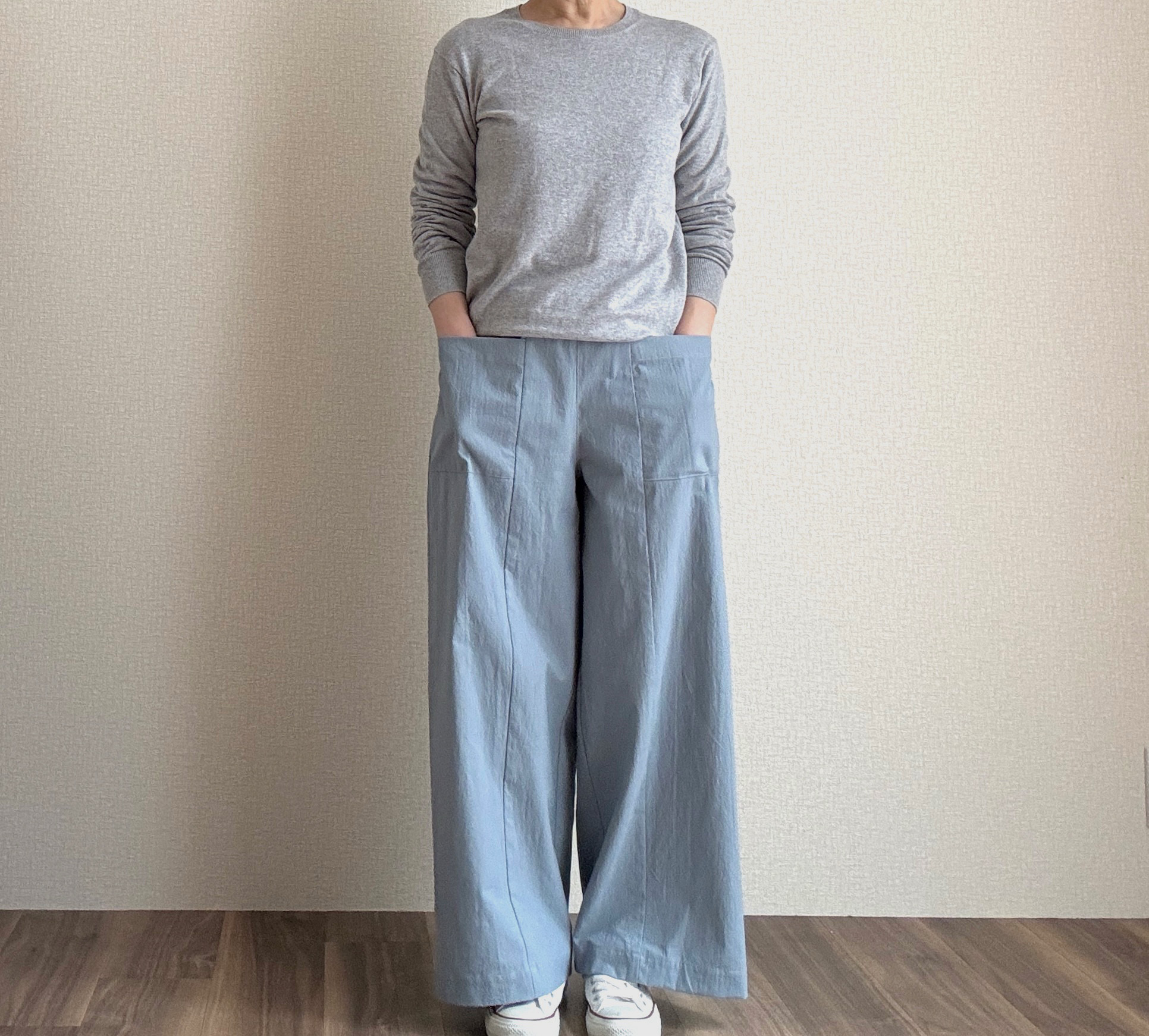 S・ML・2L・3L＊丈調整＊コットンアウトポケットワイドパンツ＊グレイッシュブルー
