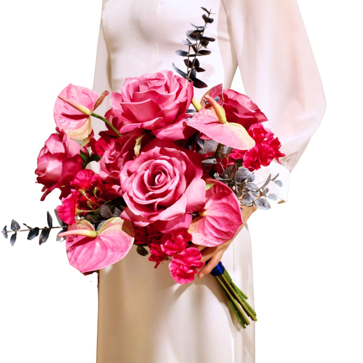 クラッチブーケ ダークピンク バラ ウェディングブーケ 造花ブーケ ナチュラル アンスリューム ブートニアセット ピンク
