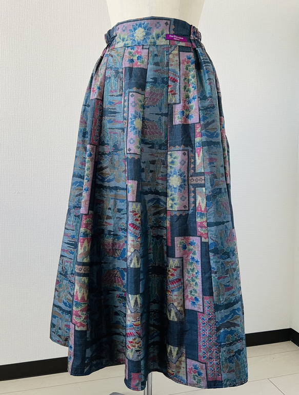 24枚はぎギャザーフレア・スカート／大島紬/ピンク&ブルー系/シルク