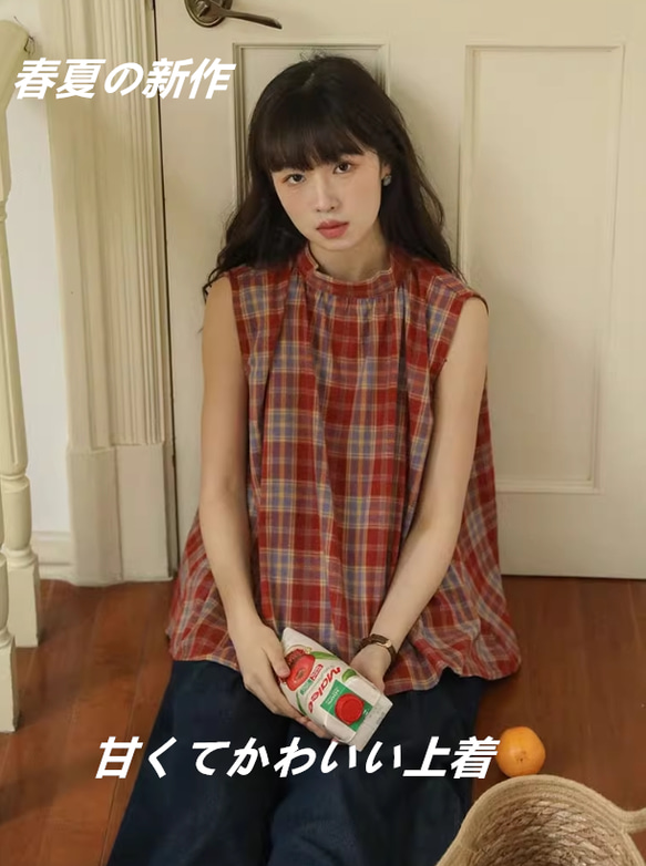 LIS CALLA チェック柄 シャツ リボン レース ノースリーブ ベスト レトロなデザイン感のチェック柄シャツレディース夏2025新作リボン