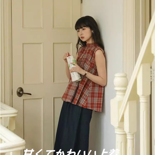LIS CALLA チェック柄 シャツ リボン レース ノースリーブ ベスト 2Wayチェック柄ビッグリボントップス[ks132] | レディースファッション