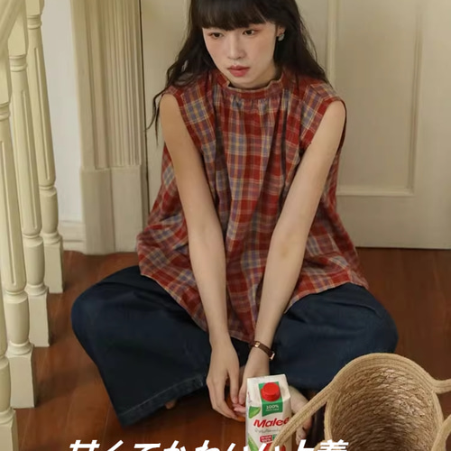 レトロなデザイン感のチェック柄シャツレディース夏2025新作リボン