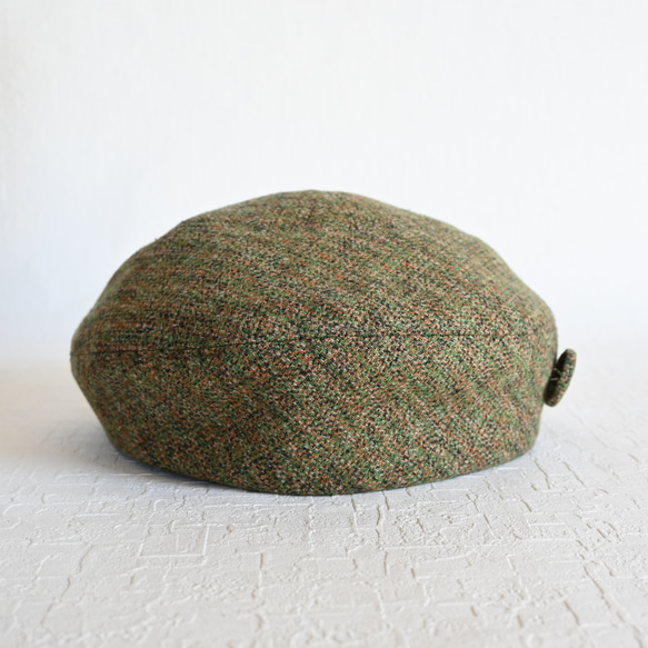 サークルベレー やわらかい手触り コットンツイード 春の足音 グリーン くるみボタン M 洗濯可 帽子 ベレー帽 7枚目の画像