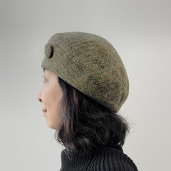 サークルベレー やわらかい手触り コットンツイード 春の足音 グリーン くるみボタン M 洗濯可 帽子 ベレー帽 4枚目の画像