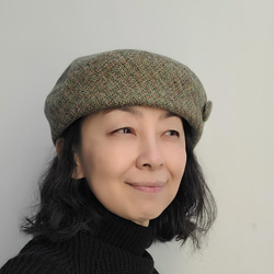 サークルベレー やわらかい手触り コットンツイード 春の足音 グリーン くるみボタン M 洗濯可 帽子 ベレー帽 2枚目の画像