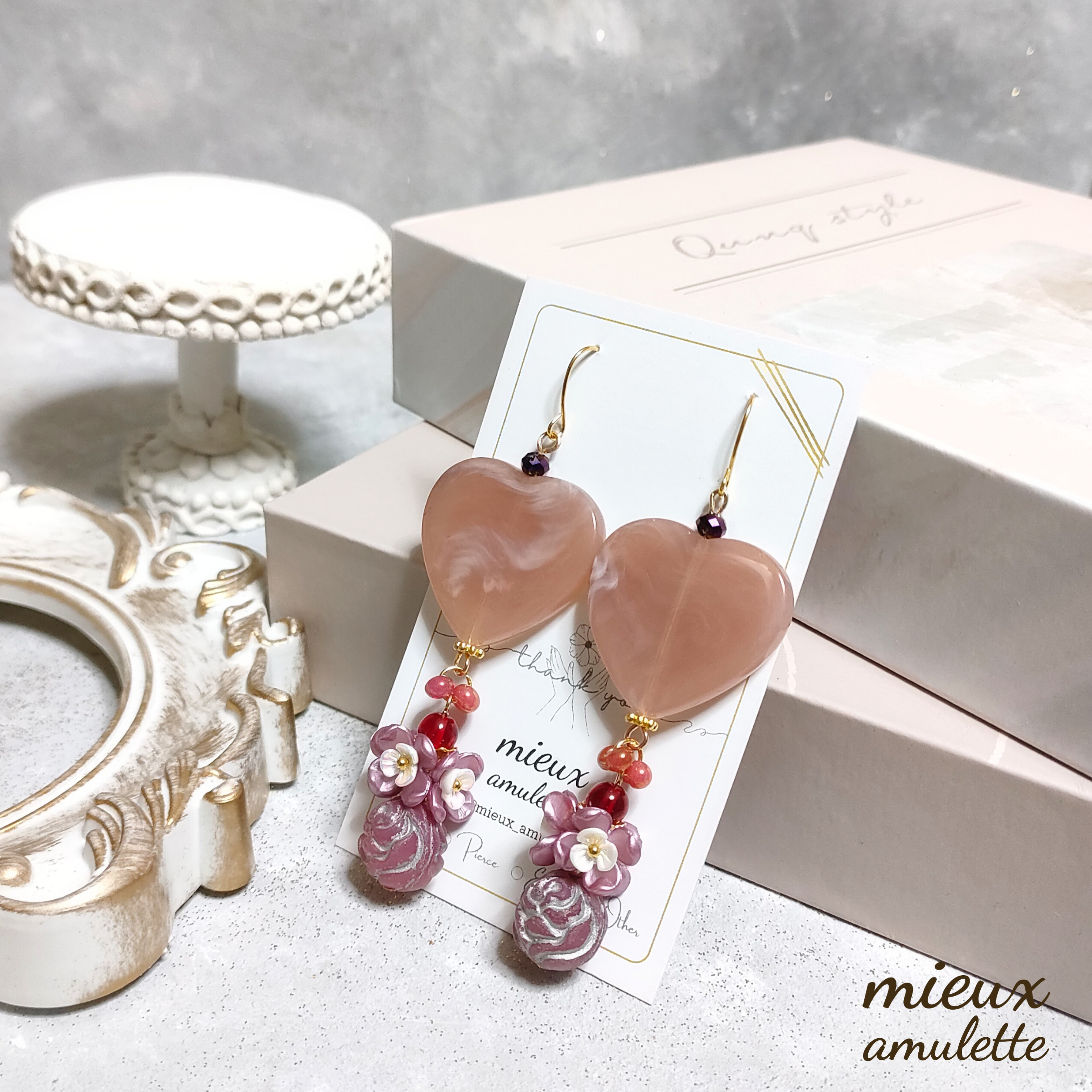 ハート ピンク 花 フラワー ピアス イヤリング 1点物アクセサリー ハンドメイド ブライダル ウェディングアクセサリー