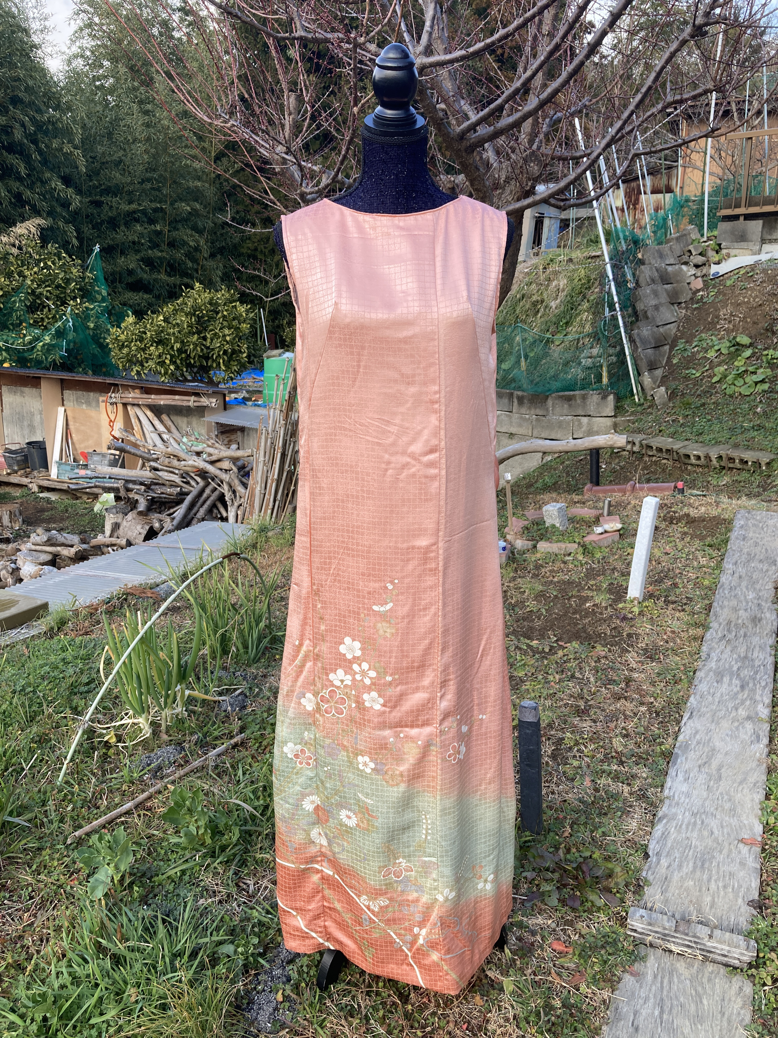 着物リメイク　ドレス　Lサイズ　訪問着リメイク　ロングドレス　梅　ピンク　グリーン