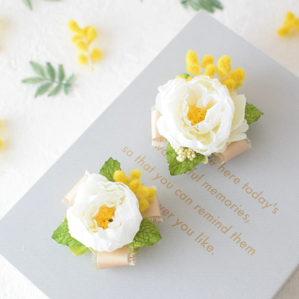 親子コーデ♪コンパクトコサージュ〈ミモザとローズ〉(透明ケース付き) 1枚目の画像