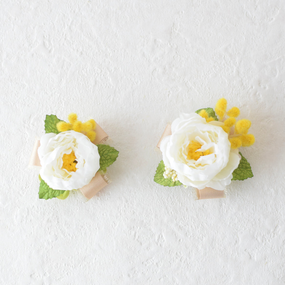 親子コーデ♪コンパクトコサージュ〈ミモザとローズ〉(透明ケース付き) 4枚目の画像
