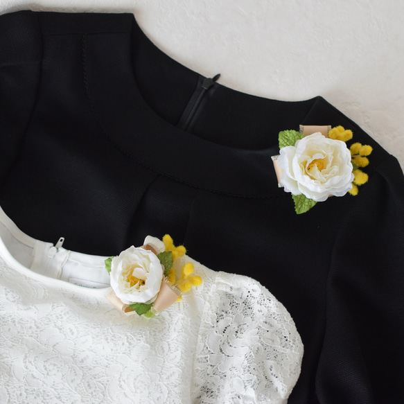 親子コーデ♪コンパクトコサージュ〈ミモザとローズ〉(透明ケース付き) 7枚目の画像