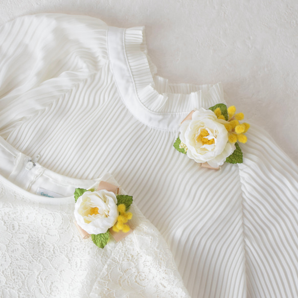 親子コーデ♪コンパクトコサージュ〈ミモザとローズ〉(透明ケース付き) 6枚目の画像