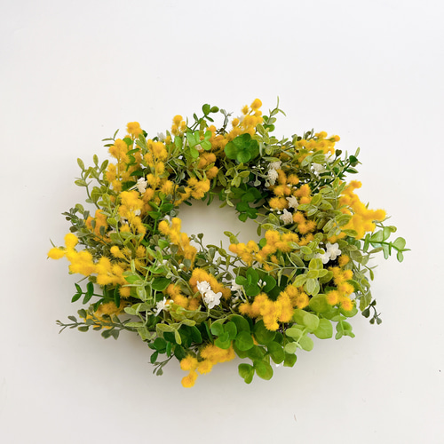 ミモザと小花の春色リース 再販2026春｜春の玄関リース・ミモザの三日月リース アーティ