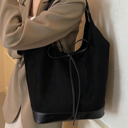 スエード生地 PUレザー デコレーション ショルダートートバッグ(レディース)、ビンテージファッション、大容量、リボン、 3枚目の画像