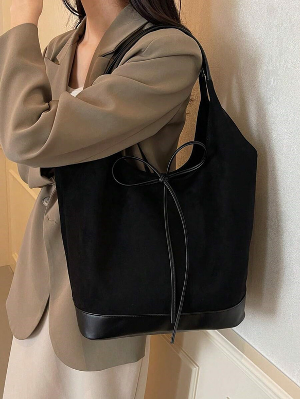 スエード生地 PUレザー デコレーション ショルダートートバッグ(レディース)、ビンテージファッション、大容量、リボン、 3枚目の画像
