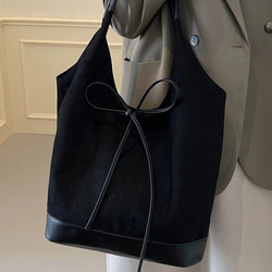 スエード生地 PUレザー デコレーション ショルダートートバッグ(レディース)、ビンテージファッション、大容量、リボン、 1枚目の画像