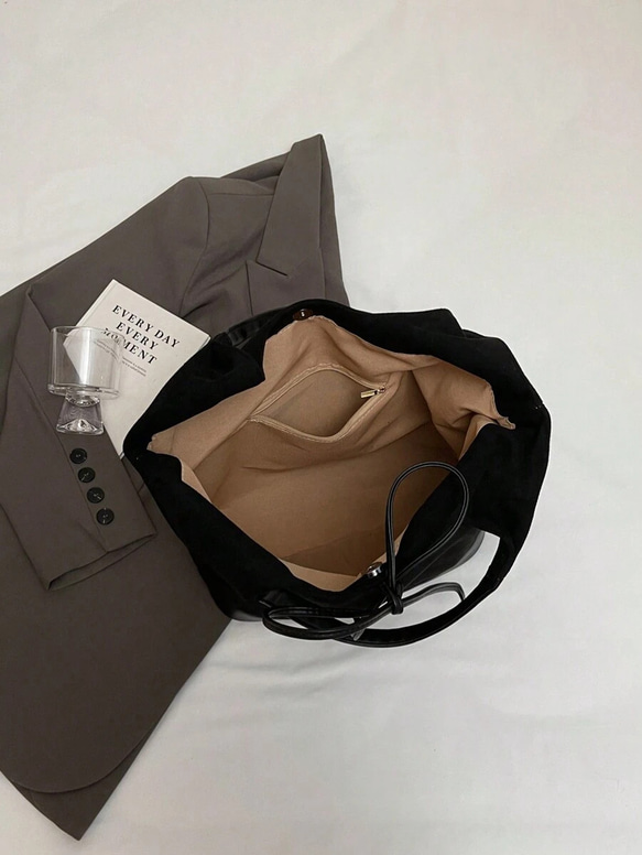 スエード生地 PUレザー デコレーション ショルダートートバッグ(レディース)、ビンテージファッション、大容量、リボン、 6枚目の画像