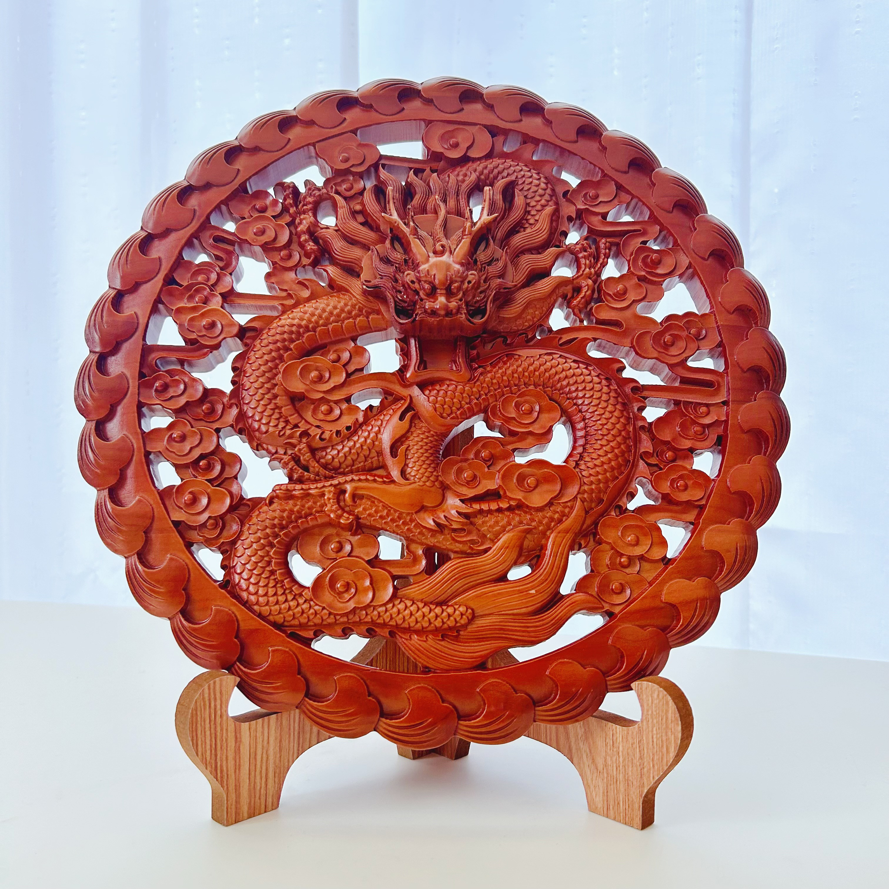 神龍吸水　桃の木　透かし彫刻　直径29cm 大きい 龍の置物 風水龍招財進宝 運気アップ　スタンド付き