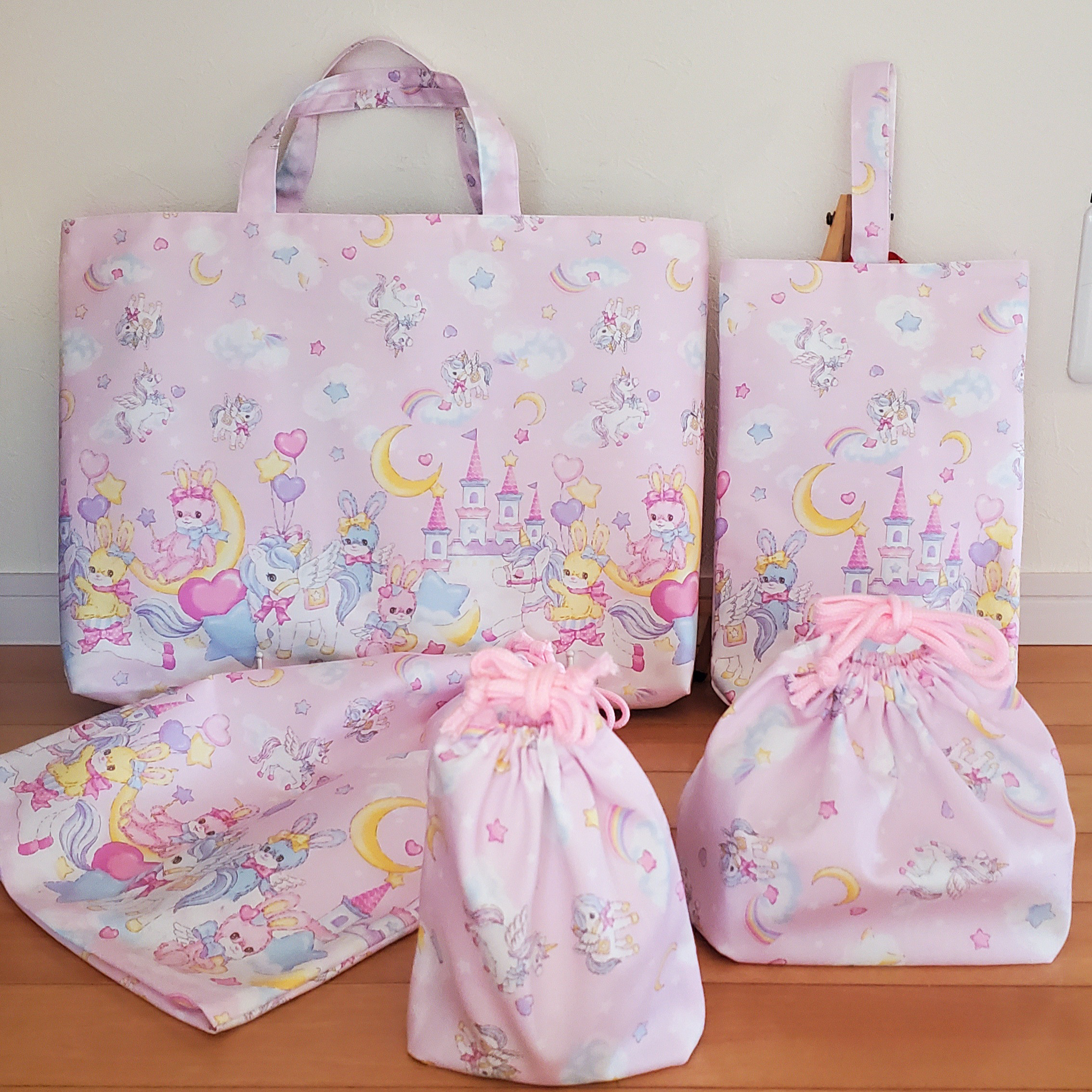 【お気に入り】 入園入学 基本の5点セット＊夢うさぎユニコーンピンク レッスン 手提げ・レッスンバッグ・入園グッズ