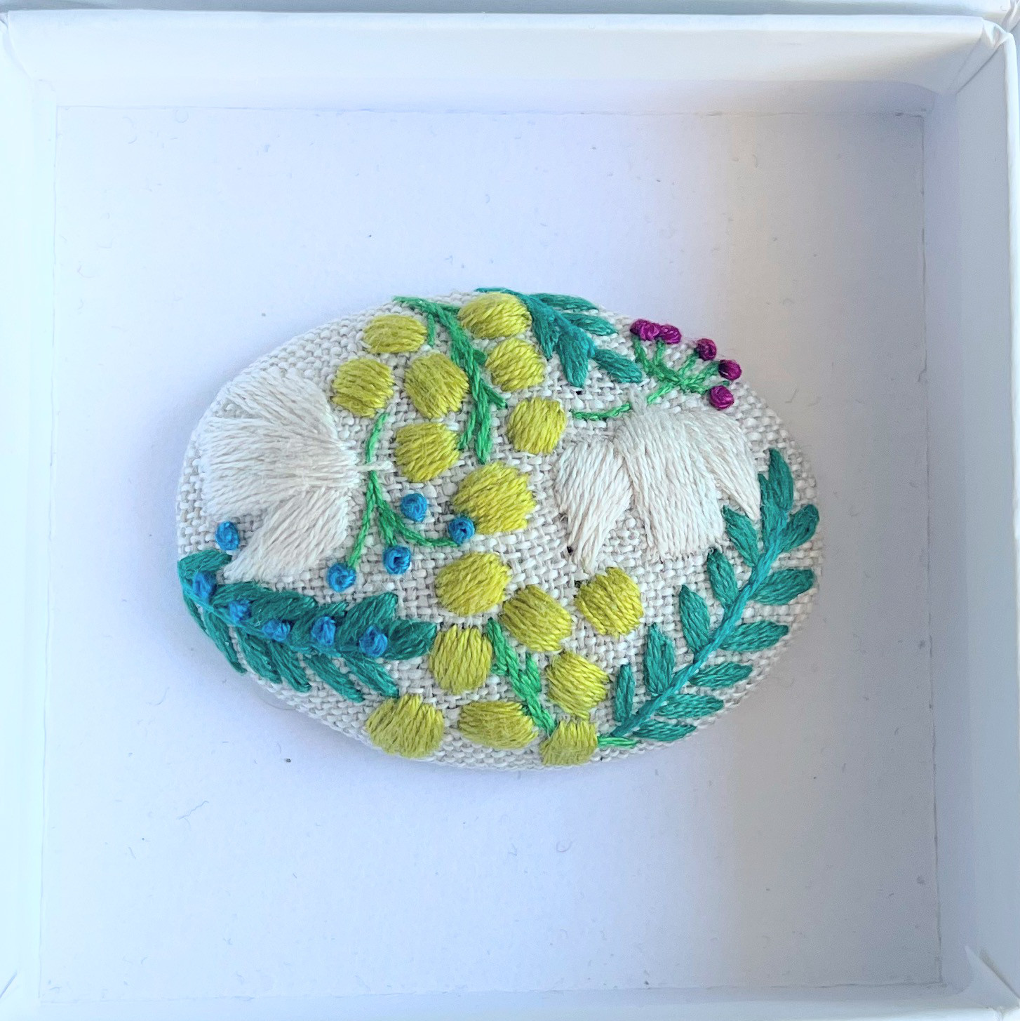 北欧風ことりとミモザの刺繍ブローチ【Botanical】#351