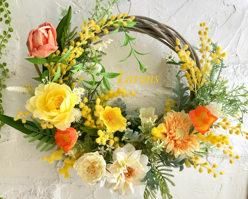 ミモザハンドメイド2025 春ミモザとイエローチューリップの特大リース