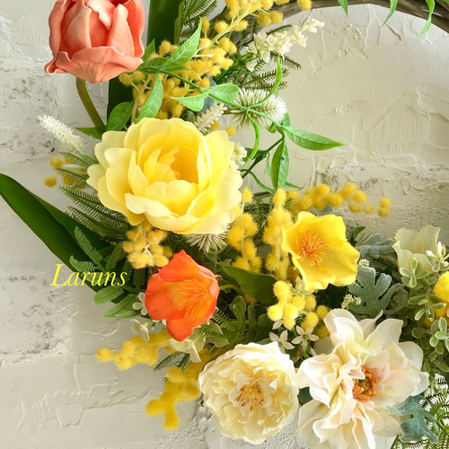 ミモザハンドメイド2025 春ミモザとイエローチューリップの特大リース