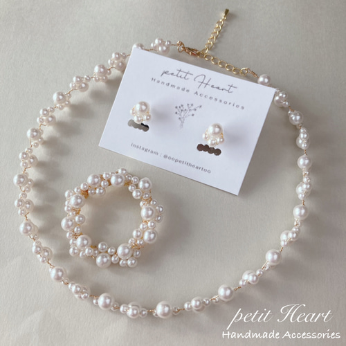 No.762【10ペアセット】 お砂糖 パール ハンドメイド ピアス イヤリング 3点セット♡】フラワーパールレースのネックレス・ブローチ