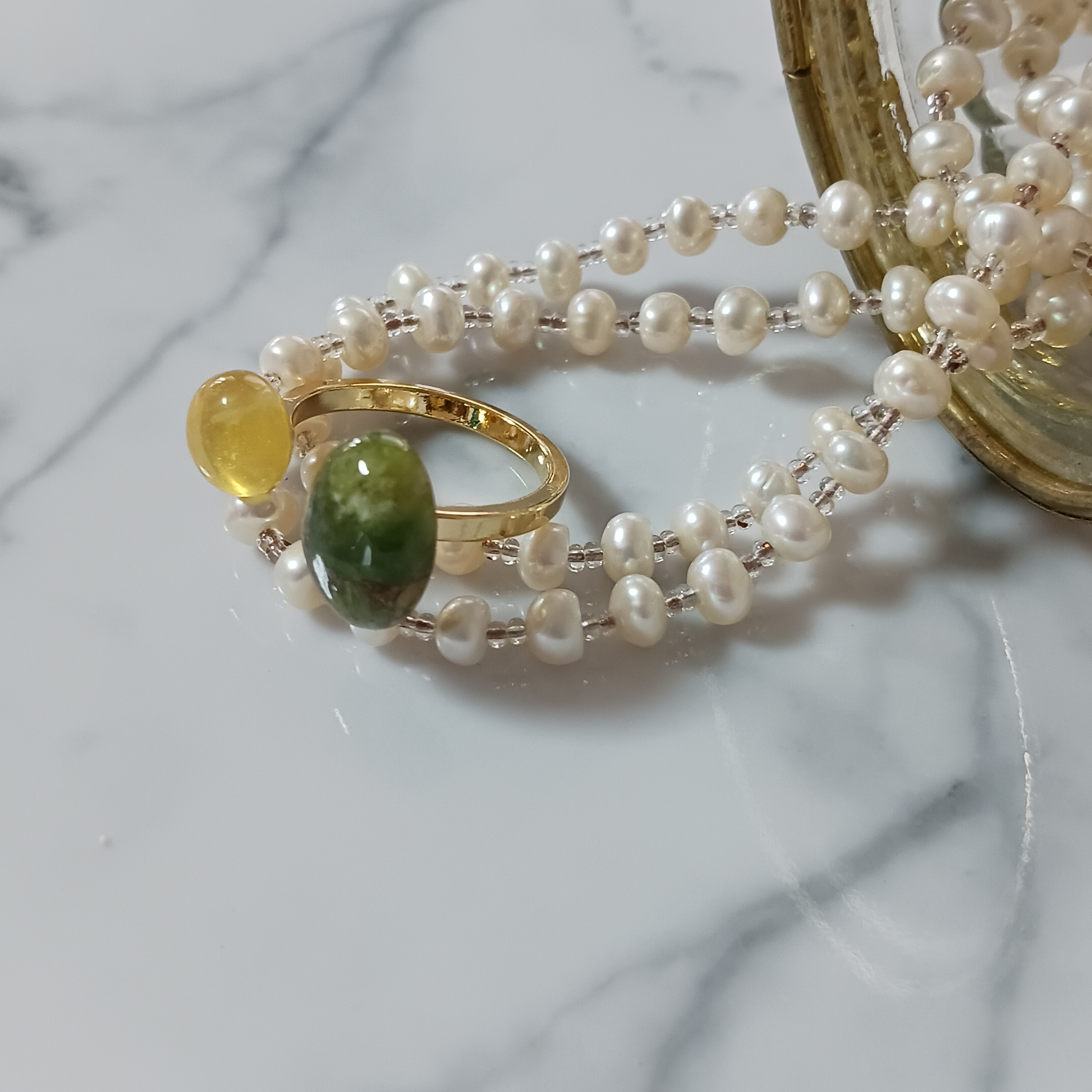 天然石フォークリング　モネ絵画リング　アイドクレース　イエローオパール　フリーサイズリング　コンポジットストーンリング