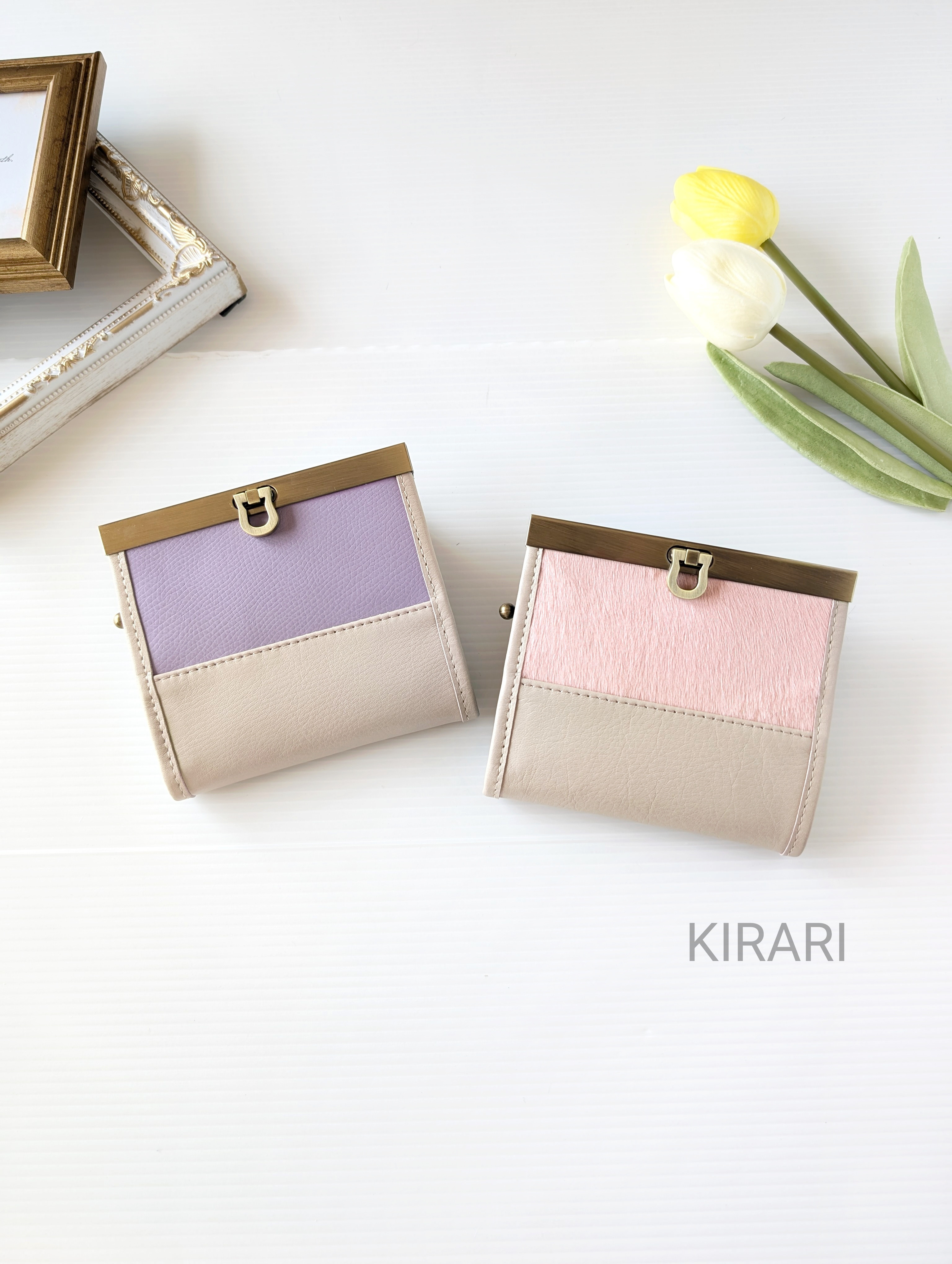 【上品くすみカラーの大人かわいいハラコ財布】お札が折らずに入る本革ミニ財布｜ラベンダー×ピンク×トープ レザー／軽量