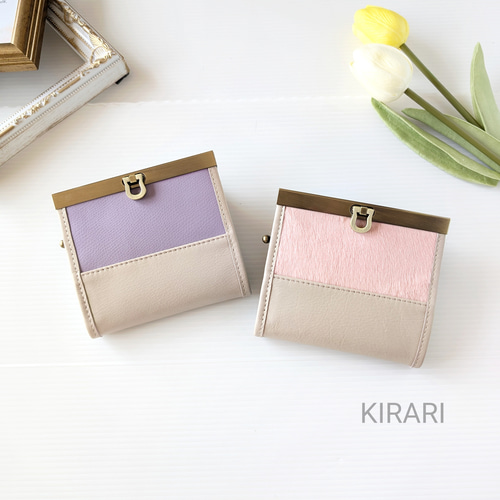 お札が折らずに入るミニ財布】｜ラベンダー本革×ピンクハラコ