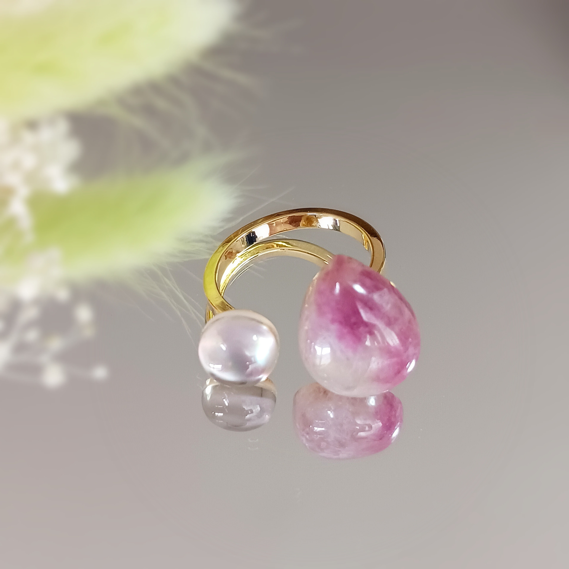 天然石フォークリング　ピンクトルマリンシリカ　10月誕生石　スモーキークォーツ　シェル　フリーサイズリング