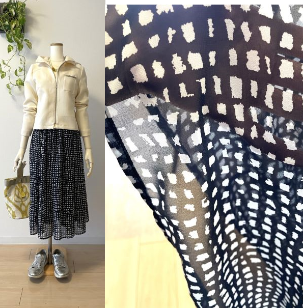 【完成品】5号 ロングギャザースカート(紺ｘ白格子シフォン74cm丈）