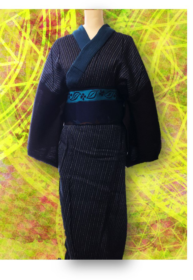 浪漫　ちり綿風 100%シマ柄着物