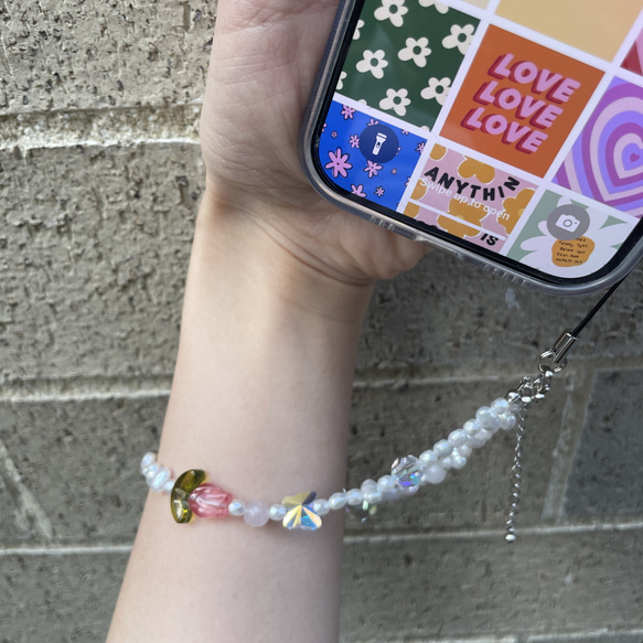 天然石使用】チューリップ×蝶々のビーズストラップ/ローズクォーツ