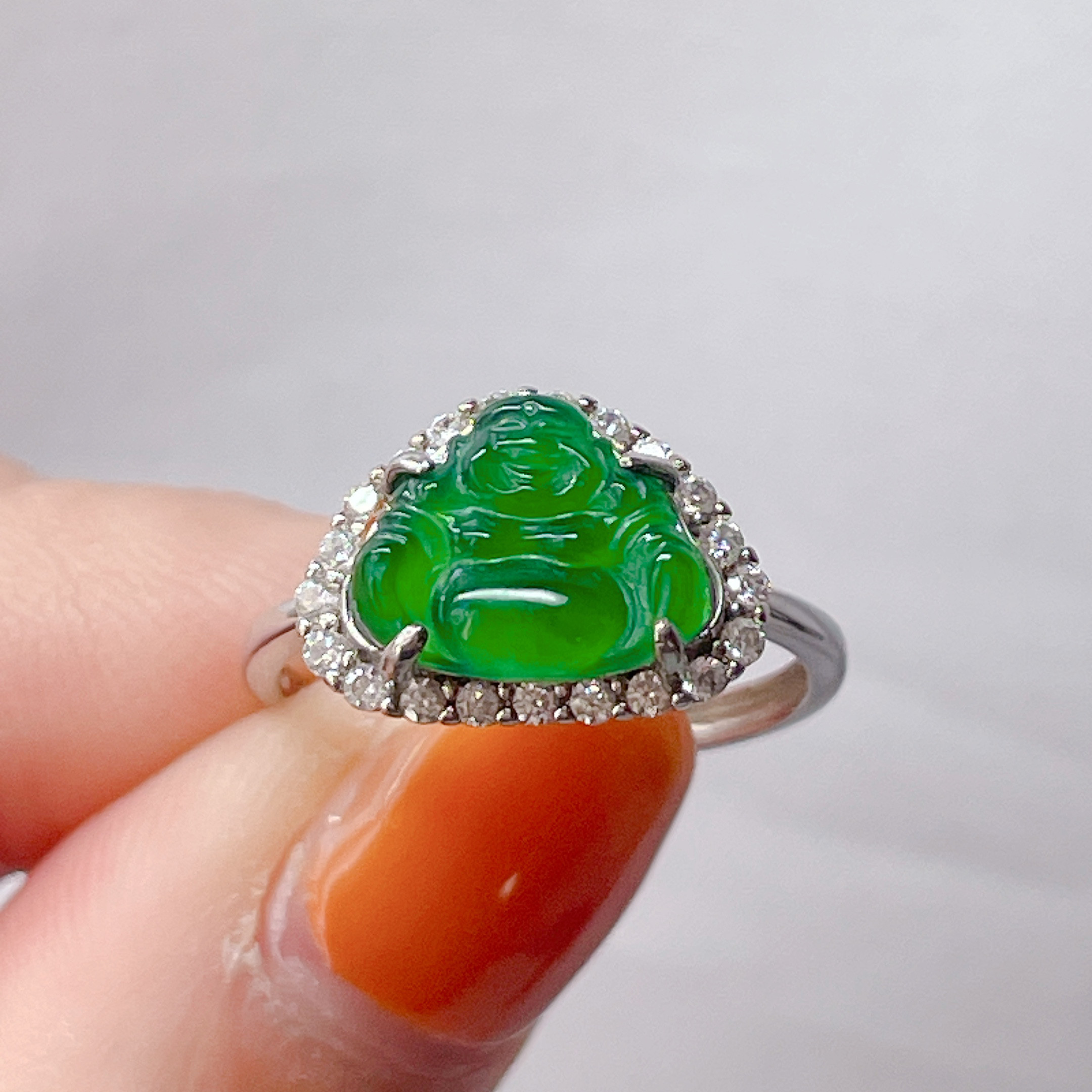 【新入荷】本翡翠保証‼️天然A貨無処理本翡翠　布袋様S925リング　フリーサイズ