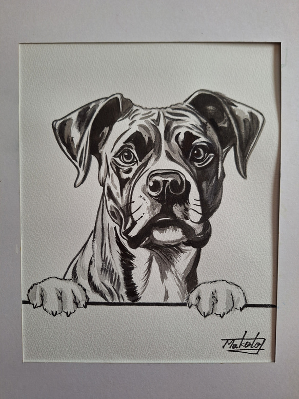 ♡手描き♡水墨画♡額付き♡ 親子の犬 （水墨画年賀状 犬を描く