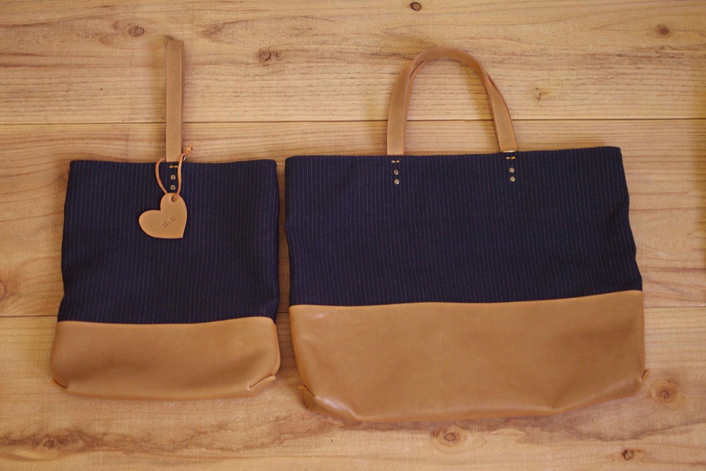 レッスンバッグセット（絵本バッグ＆シューズバッグ）紺ストライプ/ベージュスムース