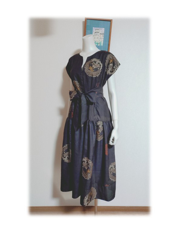 O６【受注製作】ワンピース　ジャンパースカート　キーネック　ローウェスト　着物リメイク　浴衣リメイク