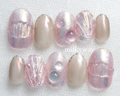 ネイルチップ ニュアンスちゅるん夏ネイルシェルピンクオーロラシャボン玉no.82 ネイルチップ ニュアンスちゅるん夏ネイルシェルピンクオーロラ