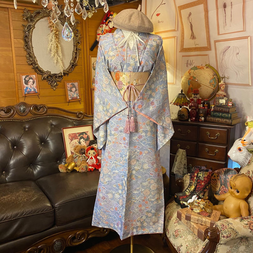着物 リメイク ロング ワンピース ドレス 洗える 化繊 名古屋帯