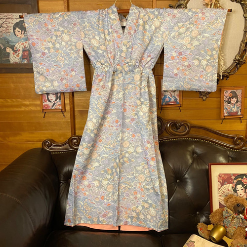 着物 リメイク ロング ワンピース ドレス 洗える 化繊 名古屋帯