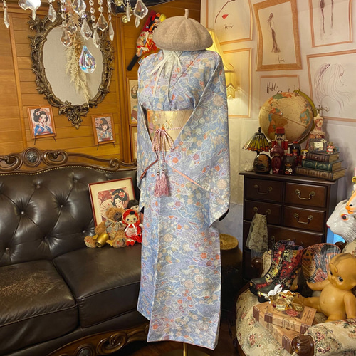 着物リメイクワンピース3534 Kimono fabric [Stand collar shirt dress] Level up with yoke