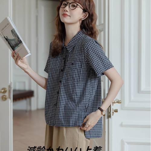 レトロなチェック柄半袖シャツレディース夏2025新作カジュアルだるさ風