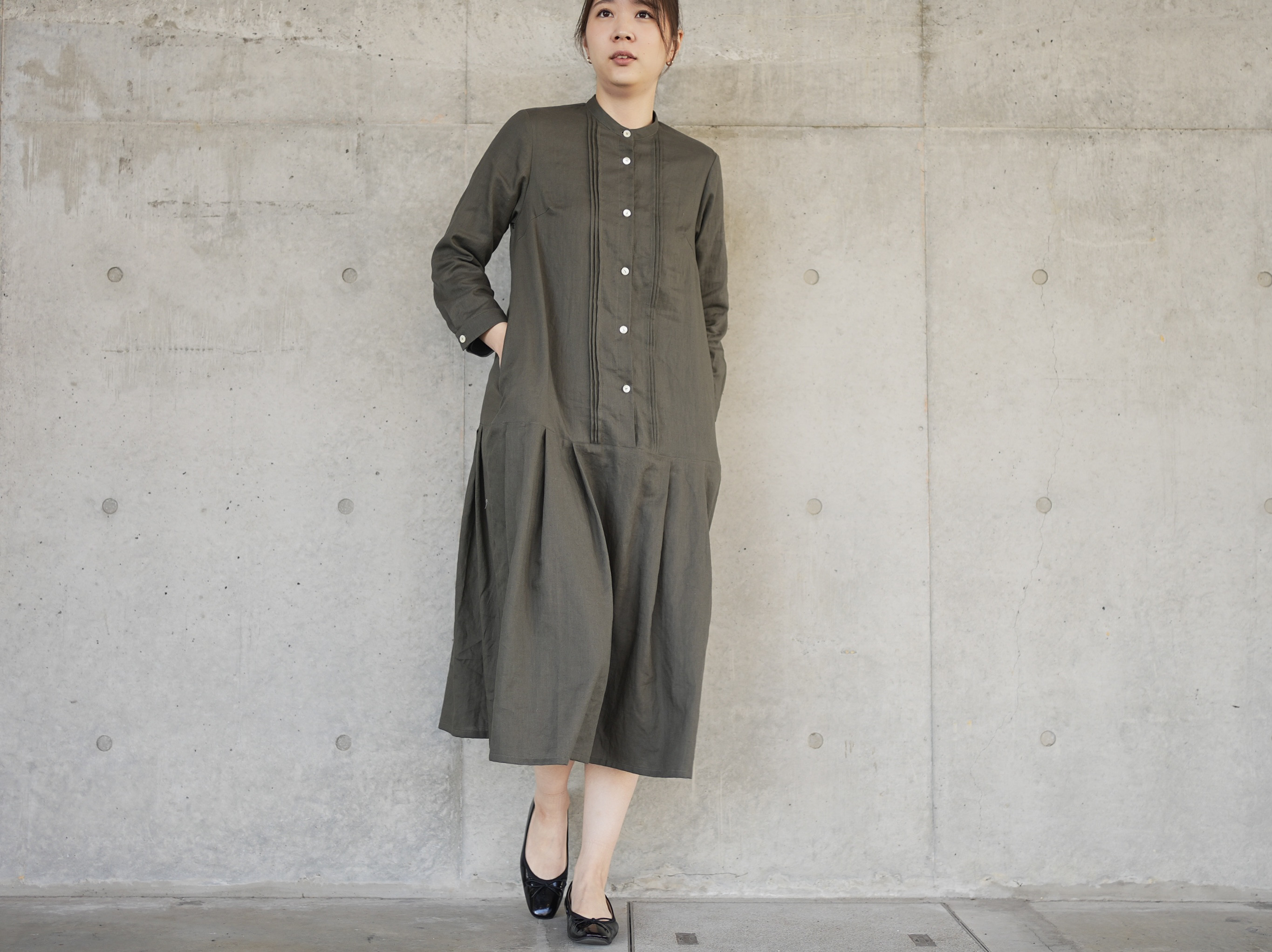 ピンタックワンピース❤︎コットンリネンカーキ    No.335