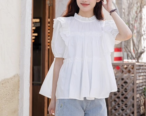 可憐で優しい風泡袖雰囲気トップスレディース夏の新作カジュアル半袖白