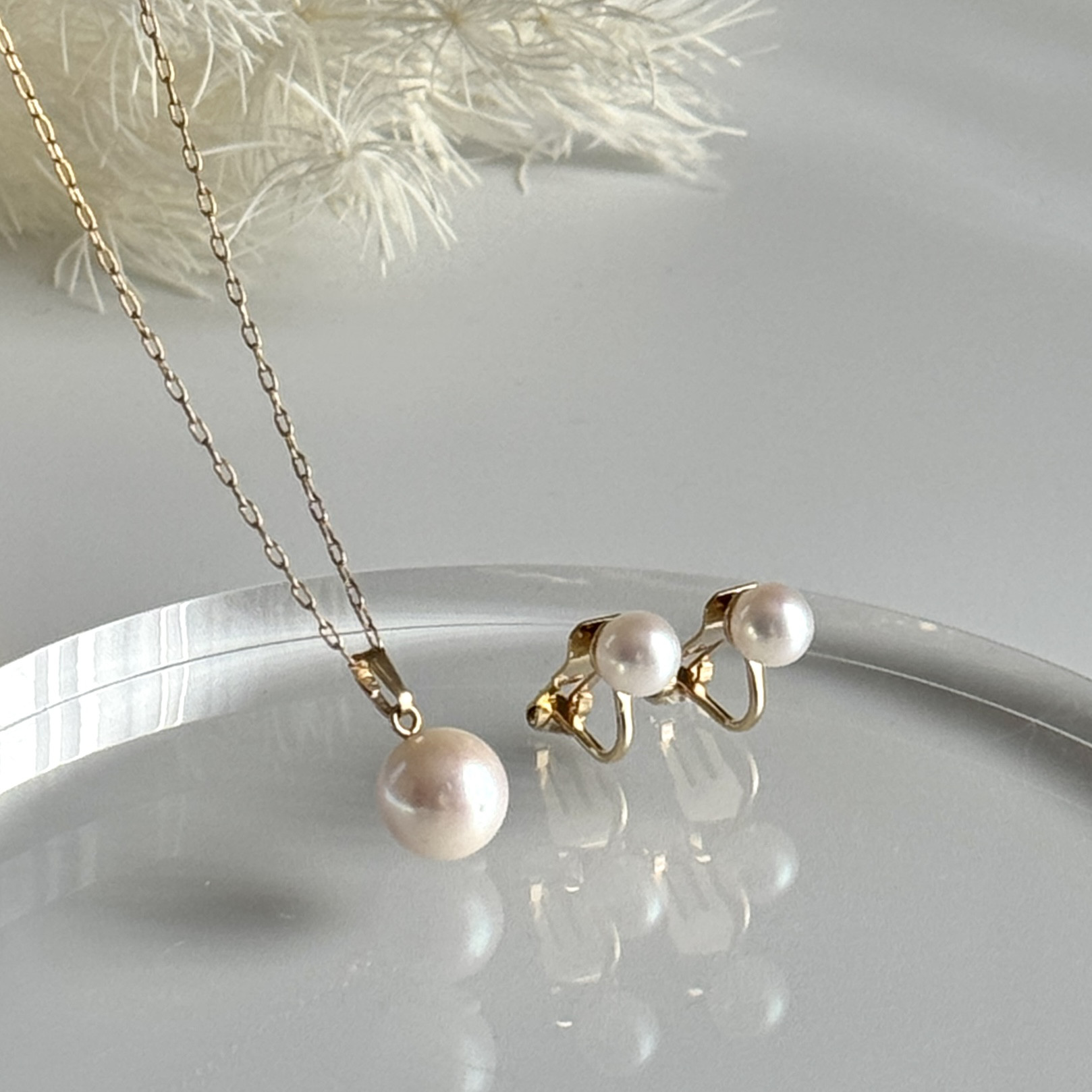 【フォーマルに】淡水パールの一粒ネックレス／ピアスorイヤリング セット│14kgf