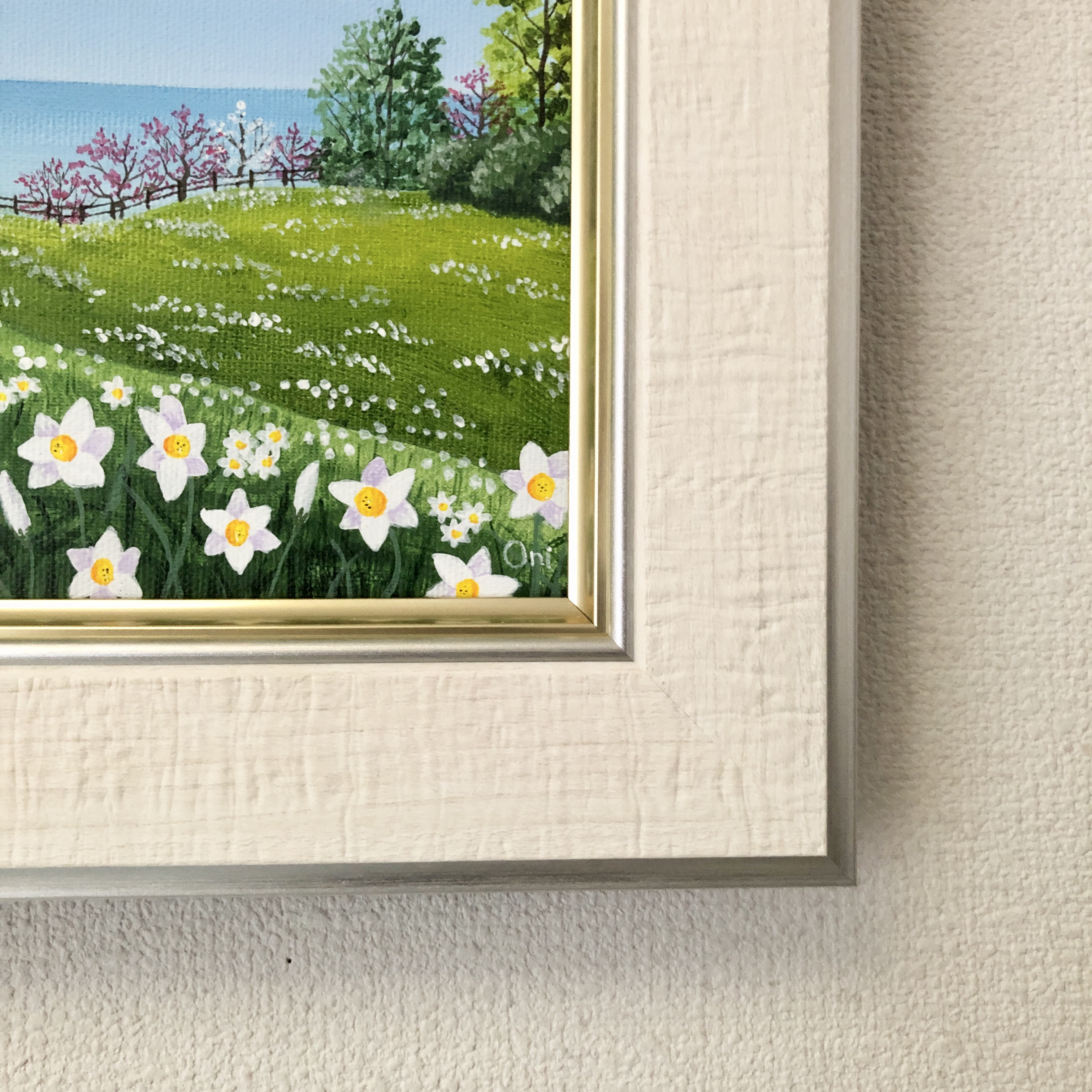アクリル画　原画　「スイセンの咲く丘02」額縁付　SMサイズ　キャンバス スイセンの咲く丘02」アクリル画 原画 額縁付 キャンバス SM
