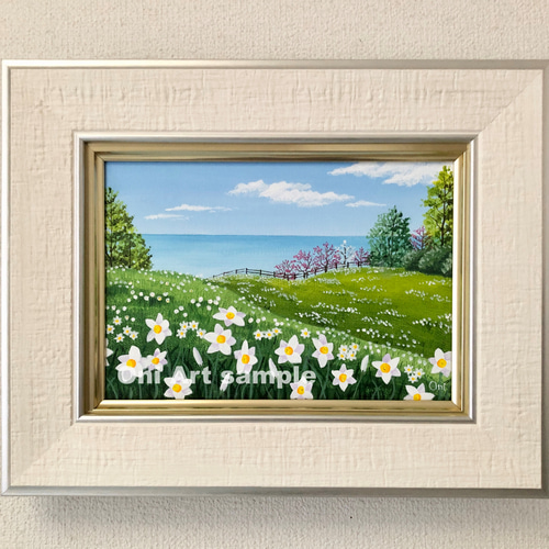 スイセンの咲く丘02」アクリル画 原画 額縁付 キャンバス SMサイズ